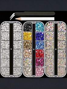 3 Boxes AB And Clear And Mixed Color Flatback Round Rhinestones Kit, Multi Size Glass Crystals Bead With Pickup Pencil And Tweezer For DIY Nail Art Nail Charms - Baby Pink - View 7