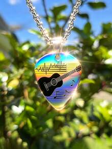 Men's Colorful Gradient Guitar Pick Stainless Steel Necklace, Printed Guitar Sheet Music Note Pattern, Waterproof Fade-Resistant Stainless Steel Material, Paired With Minimalist Square Box Chain, Niche Accessory For Music Lovers, Unisex, Suitable For Hoodie T-Shirt, Music Festival Daily Outfit, Perfect Birthday Gift For Music Fans, Personalized Atmosphere Jewelry - Music - View 4