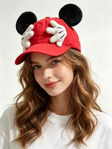 Disney, 1pc Cute Mickey & Minnie Ears Baseball Cap, Adjustable Outdoor Cartoon Casual Hat, Designed With Mickey Hand Details And Ear Decorations, With Its Adorable Cartoon Style, It's Perfect For Theme Park Visits, Outdoor Sports, Daily Wear, Travel, Parties And Holiday Occasions. Unisex Design - An Ideal Gift For Friends And Family! (Men's Baseball Cap, Women's Baseball Cap, Summer Sun Hat) - Red - View 2