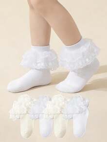 4 Pairs Solid Color Lace Trim Double Layer Princess Dance Socks For Kids & Toddlers - Champagne - View 11