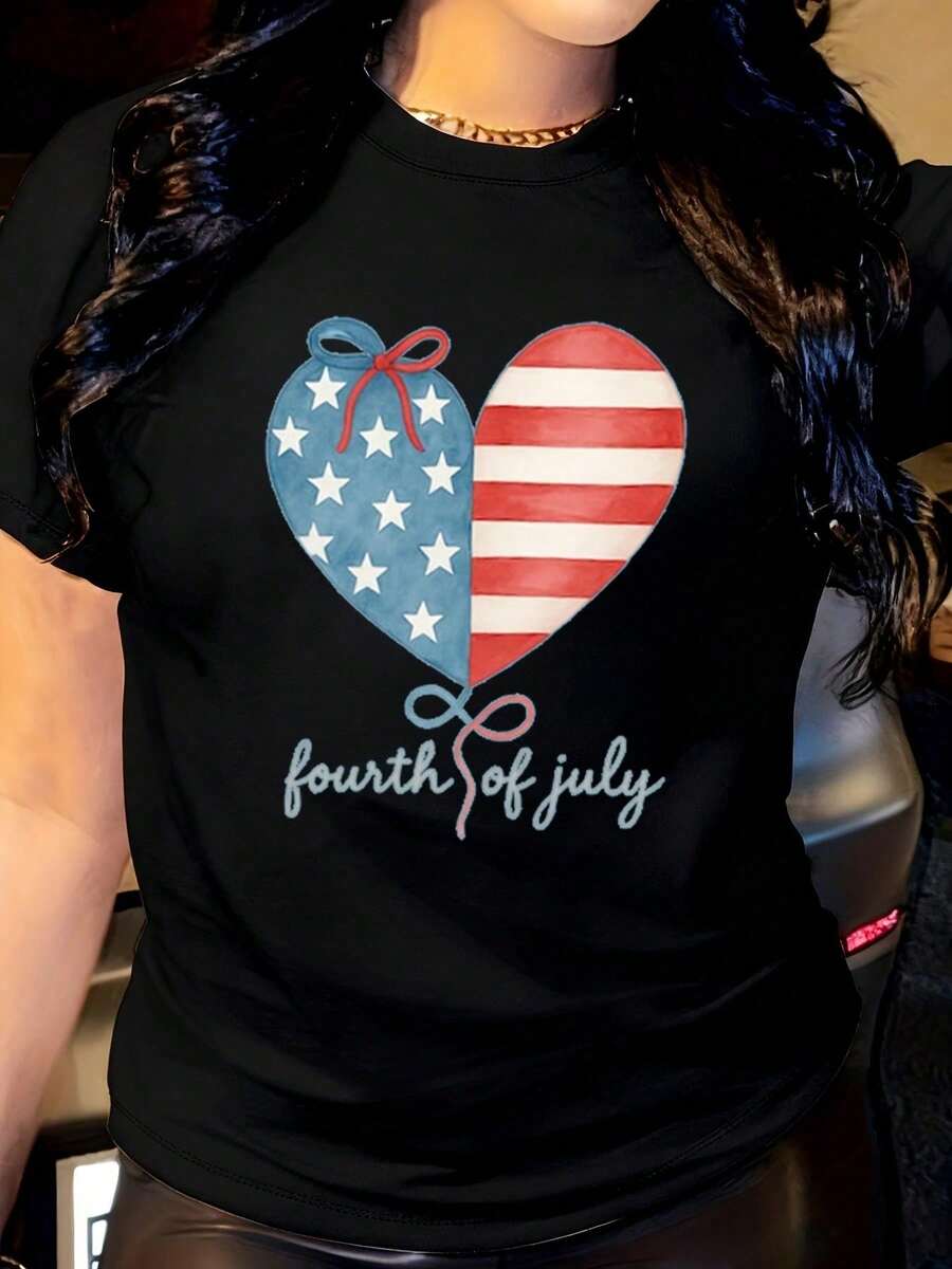 T-shirt da donna per il 4 luglio con design a bandiera americana e cuore, per il Giorno dell'Indipendenza, maglietta grafica per celebrazioni patriottiche, top estivo casual rosso, - nero - Visualizzare 1