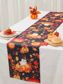 1pc Happy Halloween Tablecloth, Pumpkin Ghost Leaf Pattern Tablecloth, Party Tablecloth, Halloween Party Supplies, Scary Halloween Table Runner, Haunted House Decoration, Trick Or Treat Decoration, Halloween Gift, Party Gift, Halloween Home Decor, Room Decoration, Kitchen Tablecloth, Christmas Decoration, 2027 New Year Party Decoration, New Year Gift, Winter Decoration - Pumpkin Ghost Leaves - View 5