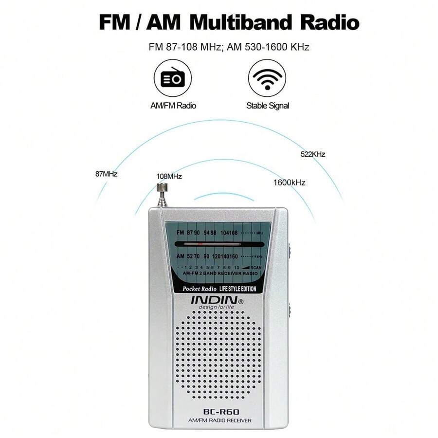 INDIN BC-R60 AM/FM 收音机，便携式袖珍收音机，内置扬声器，适合作为礼物、应急物品、步行或慢跑时使用。