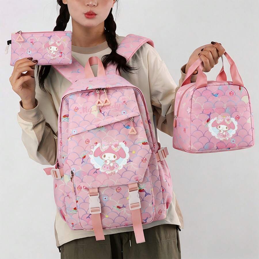 Miniso Kit de mochila 3 em 1 My Melody com laço, moldura de renda e escamas de sereia rosa, para campismo, viagem de carro, passeio na cidade, férias e uso diário - Rosa - Ver 1