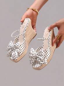 Fashionable Rope Wedge Platform Sandals With Polka Dot Pattern, Open Toe, High Heel Slides, Summer Vacation Casual Chunky Heel High Heels For Women - White - View 5