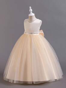 Girls' Long Sleeveless Princess Dress With Big Bow, Suitable For Birthday, Runway, Wedding, Christmas Party, Performance - Champagne - View 4