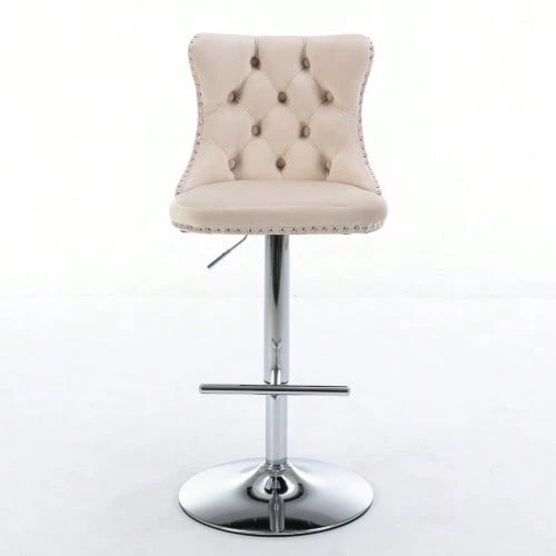 Swivel Bar Stools In Velvet, Adjustable Seat Height From 63.5 To 84 Cm, Base, With Comfortable Padded Backrest, Perfect For Home, Pub Or Kitchen Island. Set Of 2, DE1712GY, Grey. - Beige - View 1