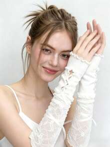 1 Pair White Lace Ribbon Fingerless Wrist Cuffs, Ruffle Hollow Sleeve Cuffs, Suitable For Wedding, Lolita, Cosplay, Party, Women's Daily Fashion Outfit Accessory - A - View 13