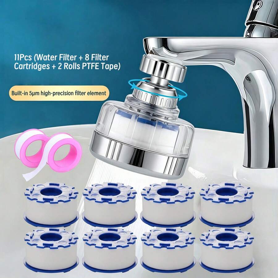 11pcs Kitchen Faucet Water Filter Set, Transparent Visible Filter Housing Multi-Layer Filtration For Silt And Sediment, Includes Filter Main Unit + 8 Replacement Filter Cartridges + 2 Rolls Of Tape; Soft Water Flow Anti-Splashing, Compatible With Most Household Basin Faucets, Vegetable And Dish Washing Water Purification Accessory Kit