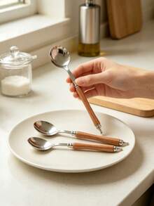 1pc Wood Grain Handle Stainless Steel Round Head Long Handle Spoon, Household Rice Spoon, Soup Spoon, Tea Spoon, Dessert Spoon - View 12