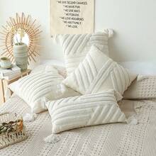 1pc White Striped Throw Pillow Cover, Minimalist Circle Plush Embroidery Cushion Case, Versatile Decor For Living Room Sofa Bedroom, Removable And Washable, Pillow Insert Not Included - White Stripe 1 - View 6