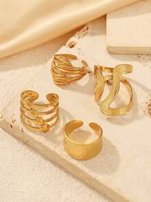 Set 4 buah cincin terbuka stainless steel berlapis emas 18K, cincin jari terbuka geometris bertekstur gelombang asimetris yang unik, perhiasan tangan mewah kelas atas yang dapat ditumpuk, cocok untuk wanita untuk bepergian sehari-hari dan kencan, hadiah untuk sahabat dan pacar, ukuran cincin dapat disesuaikan. - Yellow Gold - View 3