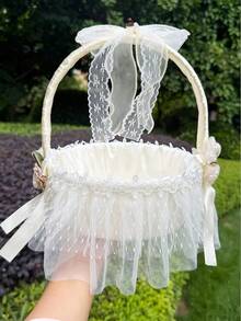 1 pieza Cesta de niña de las flores de satén color marfil, cesta de mano para boda con lazo floral de encaje, tul y perlas falsas para ceremonia, esparcir pétalos y decoración de fiesta - Ver 10