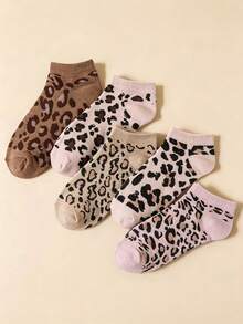 5 Pares de Meias Femininas Novas de Verão Finas Estilo Coreano Retrô com Estampa de Leopardo Respiráveis Casuais Versáteis de Cano Baixo - Multicolorido - Visão 4