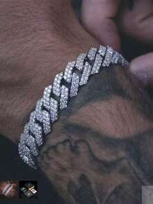 1pc 12mm Full Rhinestone Flip Clasp Rhombus Zirconia Bracelet, Personalized Hip Hop Cuban Chain Men's Full Rhinestone Bracelet, Suitable As A Gift - Multicolor - View 4