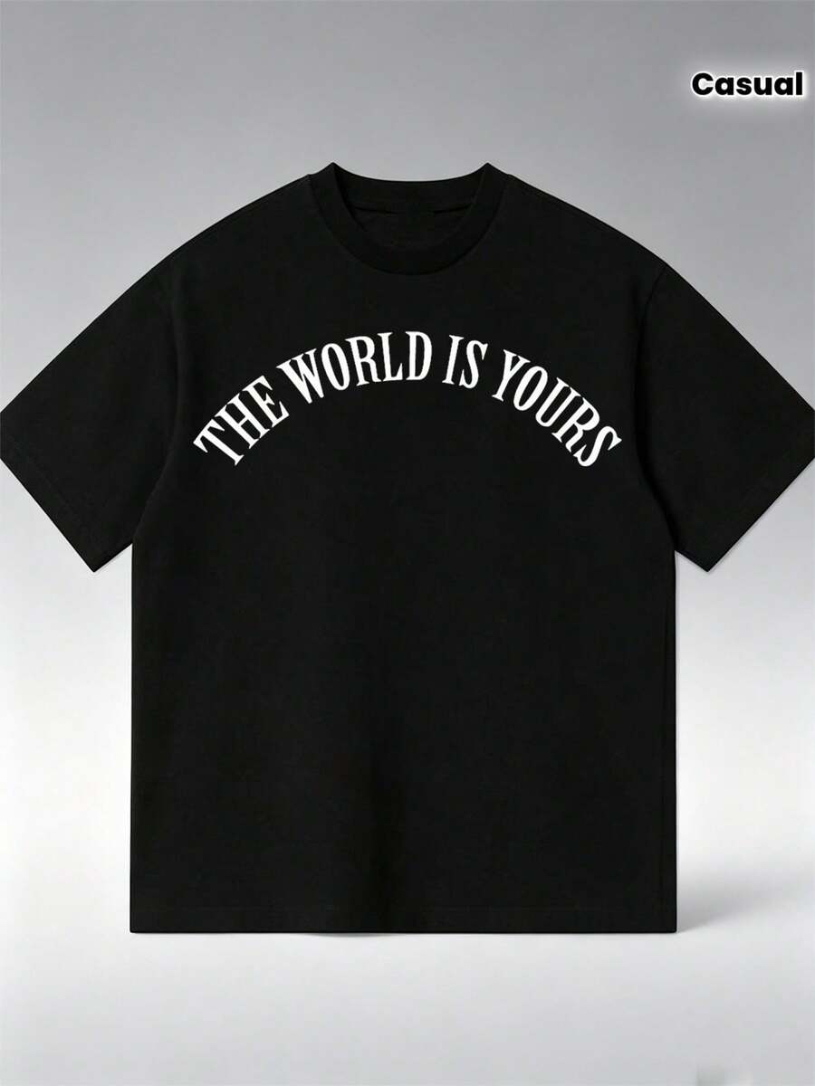 Unisex Short-Sleeved T-Shirt,World Slogan Cotton Blend Tee Men Daily Casual Short Sleeve Summer TopCute Design,Y2k,Swag G8B9 - Black - View 1