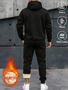 Men's Autumn/Winter Casual Sports Set, Thermal Lined Thick Hooded Sweatshirt + Thermal Lined Jogger Pants 2 Pieces Set, Winter Cold-Resistant Outdoor Men's Outfit - Black - View 5