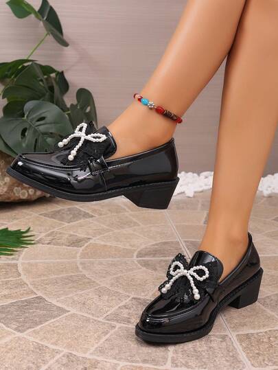 Pearl Bow Chunky Heel Loafers Women's Vintage British Style Low Heel Slip-On Shoes Sweet Girl Commute Versatile