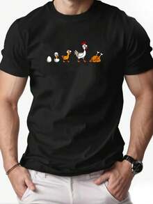 Men's Chicken Growth Pattern Summer Casual Round Neck Short T-Shirt - 黑色 - 查看 1