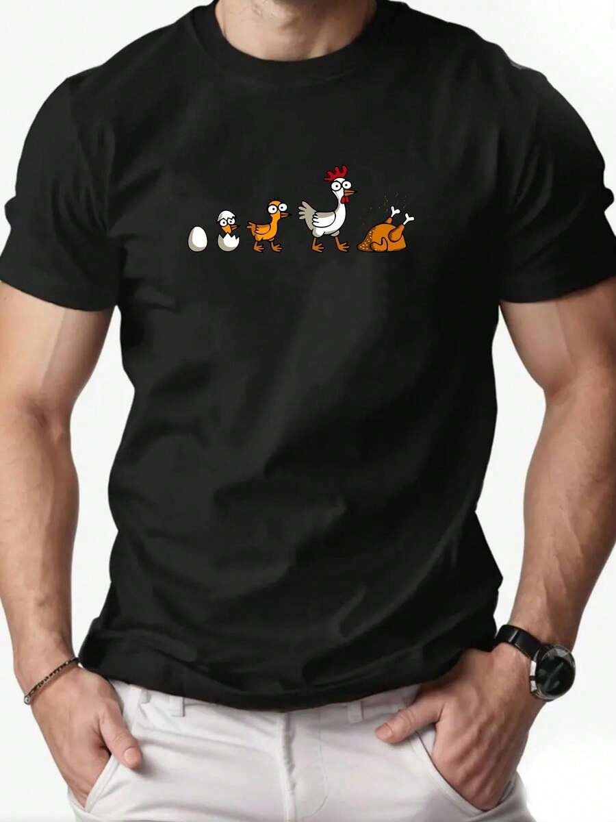 Men's Chicken Growth Pattern Summer Casual Round Neck Short T-Shirt - 黑色 - 查看 1