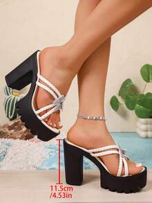 2026 New White Woven Rhinestone Butterfly Chunky Heel Sandals, Wear-Resistant Serrated High Heel Thick Sole Wedge Sandals - White - View 5