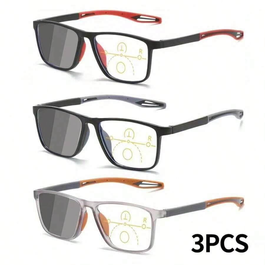 Paquete de 3 elegantes gafas de lectura rectangulares con cambio de color, unisex. - Gris + Rojo + Amarillo - Ver 1