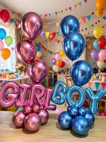 12pcs Boy & Girl Balloon Set, Blue & Pink "BOY" "GIRL" Letter Balloons, Metallic Blue & Magenta Latex Balloons, Suitable For Birthday Party, Baby Shower, Gender Reveal Party Decoration - Multicolor - View 1