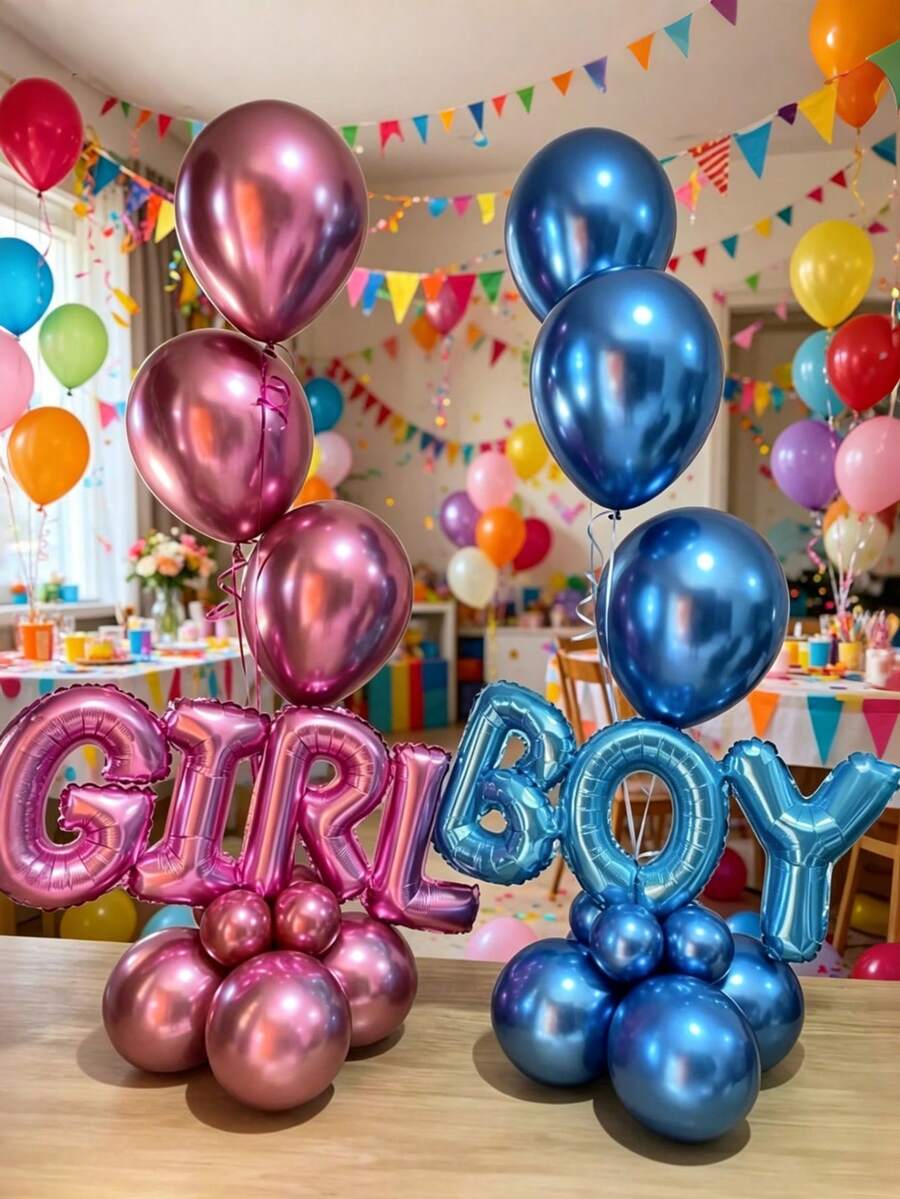 12pcs Boy & Girl Balloon Set, Blue & Pink "BOY" "GIRL" Letter Balloons, Metallic Blue & Magenta Latex Balloons, Suitable For Birthday Party, Baby Shower, Gender Reveal Party Decoration - Multicolor - View 1