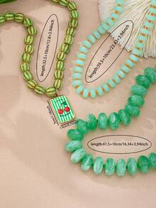 1/3Pcs Layered Green Resin Beaded Necklace For Women - Boho Choker With Cherry Pendant - 3PCS Bohemia Striped & Marbled Resin Beads Necklaces Set - Green - View 6