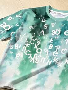 Men Plus Size Gradient Letter Graffiti Pattern T-Shirt, Vintage Distressed Style, Round Neck Loose Short Sleeve Tee, Polyester Knit Fabric - Multicolor - View 5
