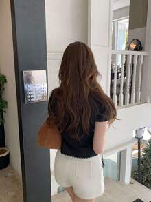 夏季甜美蕾絲飾邊短袖收腰女式上衣 黑色 - 黑色 - 查看 4