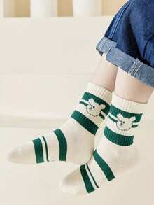 5 Pairs Spring/Autumn Kids Crew Socks, Cartoon Green Bear Fashion Sports Socks For Boys And Girls - Multicolor - View 2