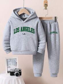 Young Boy Letter Print Hoodie And Sweatpants Warm Set - Grey - View 1