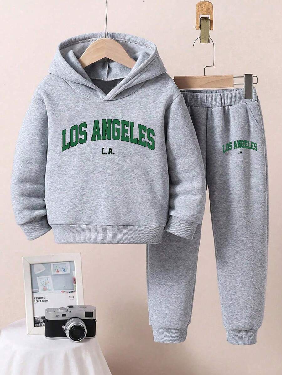 Young Boy Letter Print Hoodie And Sweatpants Warm Set - Grey - View 1
