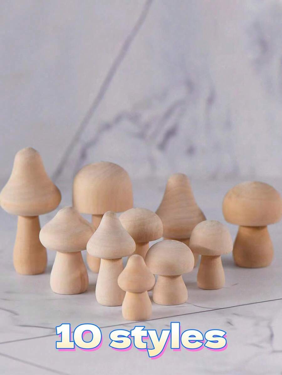 5/10pcs Unfinished Wooden Mushrooms, Natural Mini DIY Craft Mushroom Figurines For Art, Crafts, Painting, Home Shelf, Desktop Decor - Multicolor - View 1