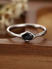 1pc Asymmetric Band Oval Zirconia Ring For Women, Dainty Minimalist Thin Silver Tone Stackable Finger Ring Daily Jewelry Gift - Simple Ring - View 6