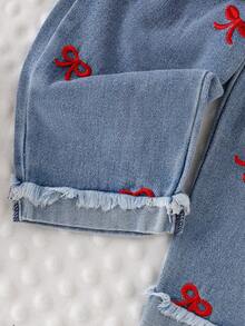 Baby Girl Cartoon Print Round Neck Long Sleeve Warm Sweatshirt And Denim Jeans - Red - View 4