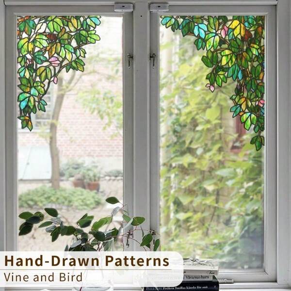 1pc Vintage Green Leaf Vine Window Corner Sticker, Reusable PVC Static Cling Glass Decal, Suitable For Kitchen Windows, Bedroom Mirrors, Bathroom Mirrors And Home Decor