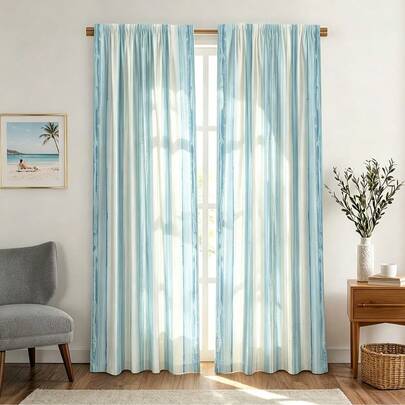 2 Adet Minimalist Mavi ve Beyaz Çizgili Desenli Perdeler, Korniş Cepli, Tüm Mevsimlere Uygun, Gizliliği Koruyan, Oturma Odası, Yatak Odası ve Mutfak Gibi Çeşitli Alanların Dekorasyonu İçin Uygun, İyi Şeffaflık, 2D Düz Baskı