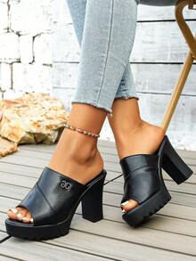 WTKMRSSTEP Fashion Rhinestone Letter Thick Sole Chunky Heel Sandals Women Summer Outdoor Wear High Heel Open Toe Mule Slippers Versatile Commute - Black - View 3