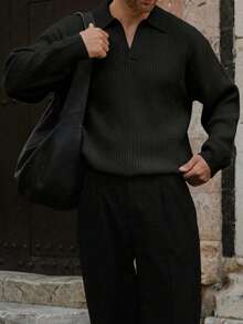 Men's Ribbed Knit Polo Neck Sweater, Casual Loose Fit Pullover, Suitable For Autumn And Winter, Long Sleeve Top - Black - View 5