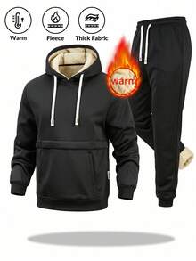 Men's Autumn/Winter Casual Sports Set, Thermal Lined Thick Hooded Sweatshirt + Thermal Lined Jogger Pants 2 Pieces Set, Winter Cold-Resistant Outdoor Men's Outfit - Black - View 3