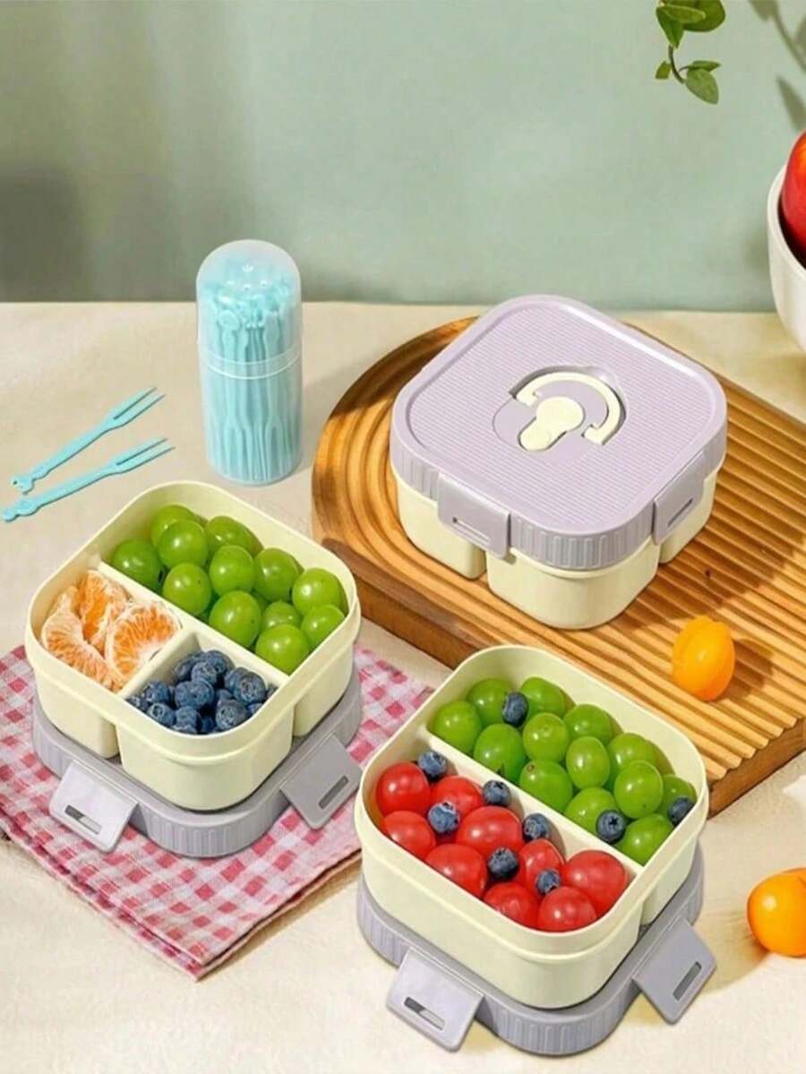 900/920ML 2/3 Compartment Portable Square Plastic Lunch Box With Handle, Microwave , Leak-Proof Sealed Fruit Salad Food Storage Container, Reusable Large Capacity Divided Bento Box For Students And Adults Home Use