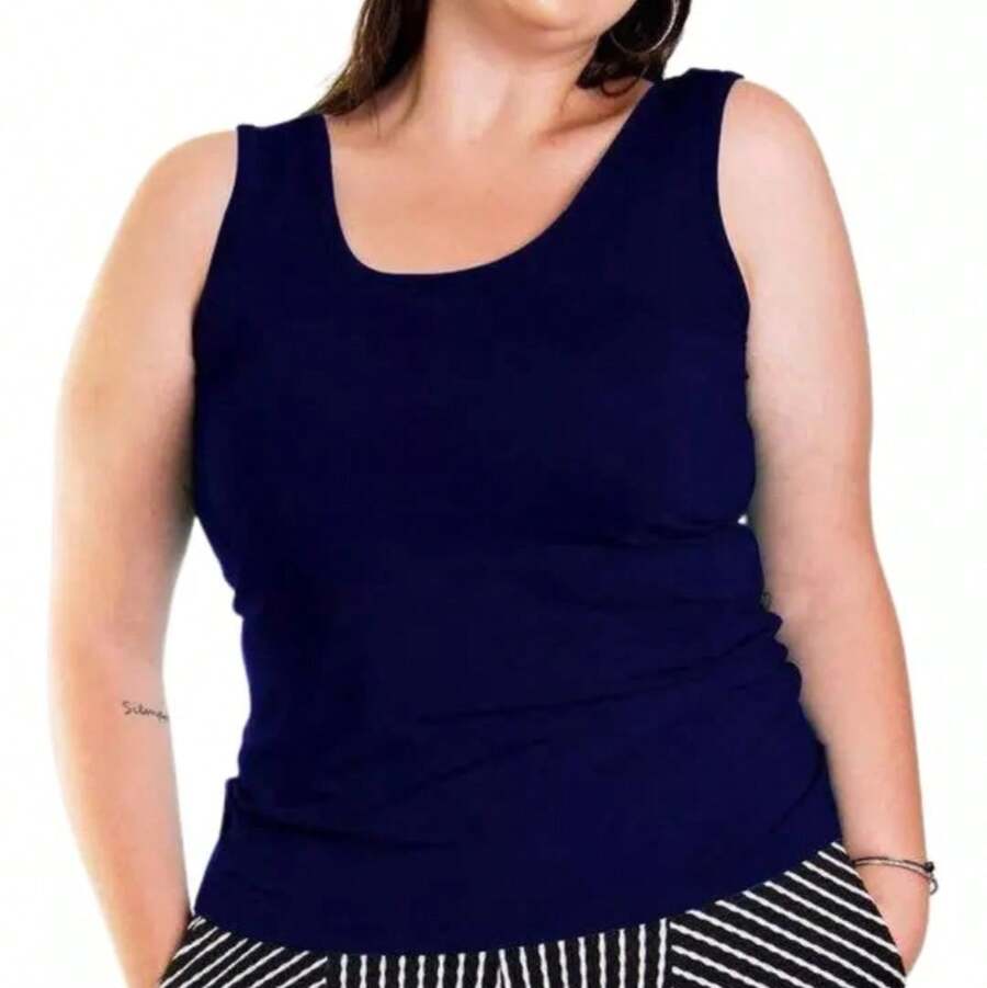Women's Sleeveless T-Shirt With A Round Neckline And Ribbed Knit Fabric, Regular Fit And High Elasticity, A Basic And Elegant Piece. - أزرق بحري - مشاهدة 1