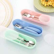 2pcs Stainless Steel Fork & Spoon Set For Toddlers, Children's Baby Feeding Utensils, Rounded Handle Portable Lunch Box Baby Eating Spoon & Fork, Back To School - Multicolor - View 6