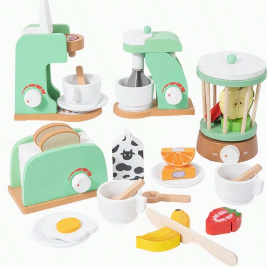1 Set Mainan Dapur Kayu untuk Bermain Peran, Termasuk Pembuat Roti, Mixer, Mesin Kopi, dan Juicer, Mainan Bermain Peran untuk Anak Perempuan