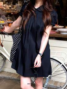 Peter Pan Collar Ruffle Petal Sleeve Preppy Doll Blouse Black Summer - Black - View 2