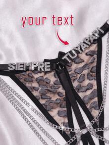 Custom Leopard Print 3D Bow Decor T-Back Panty With Gold Pendant, Personalized Name Engraving, Couple Gift - Black - View 1