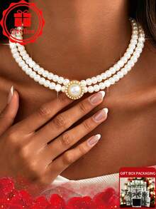 1pc Elegant Double Layer Faux Pearl Necklace With Gift Box, Vintage Rhinestone Pearl Pendant Necklace, Showcasing Feminine Charm And Exuding Classical Elegance, Ideal Gift For Weddings, Proms, Birthday Parties - White - View 3