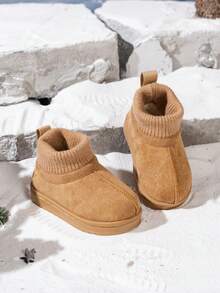 1 par de botas de nieve de estilo coreano minimalista con cuello de punto para niños, botas de tobillo versátiles y antideslizantes de moda para niños pequeños - Marrón - Ver 3
